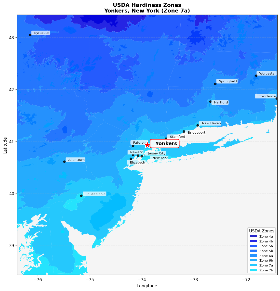 USDA Hardiness Zone 7a Map for Yonkers, NY